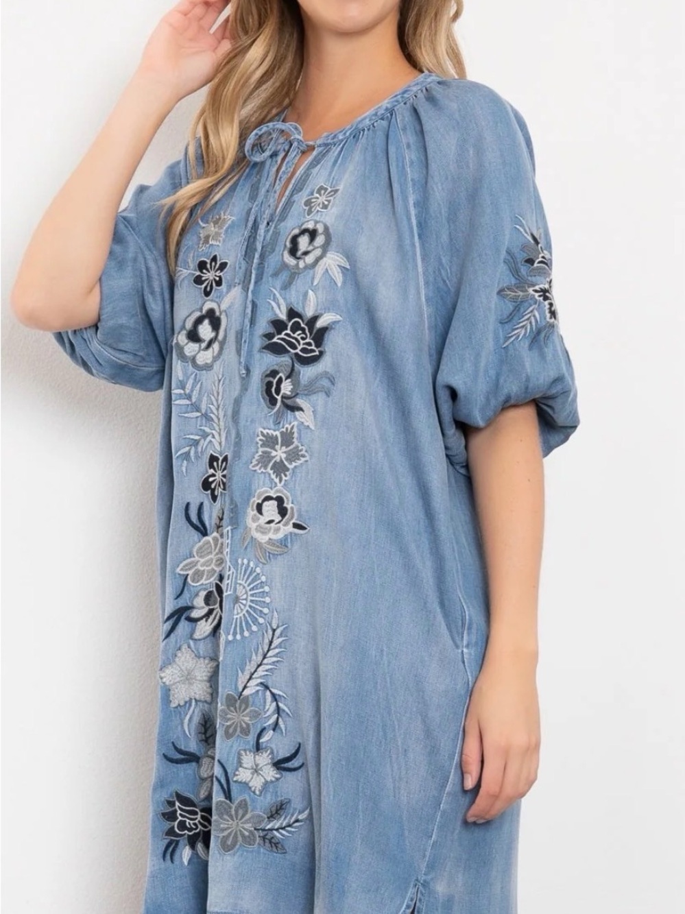 Embroidered Chambray Dress in Light Blue